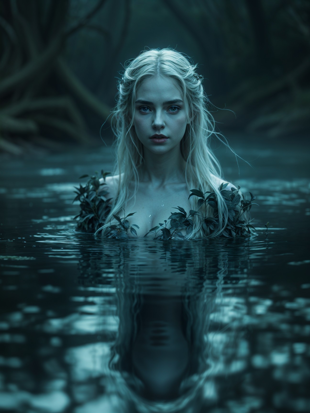 Ethereal figure in tranquil dark water setting