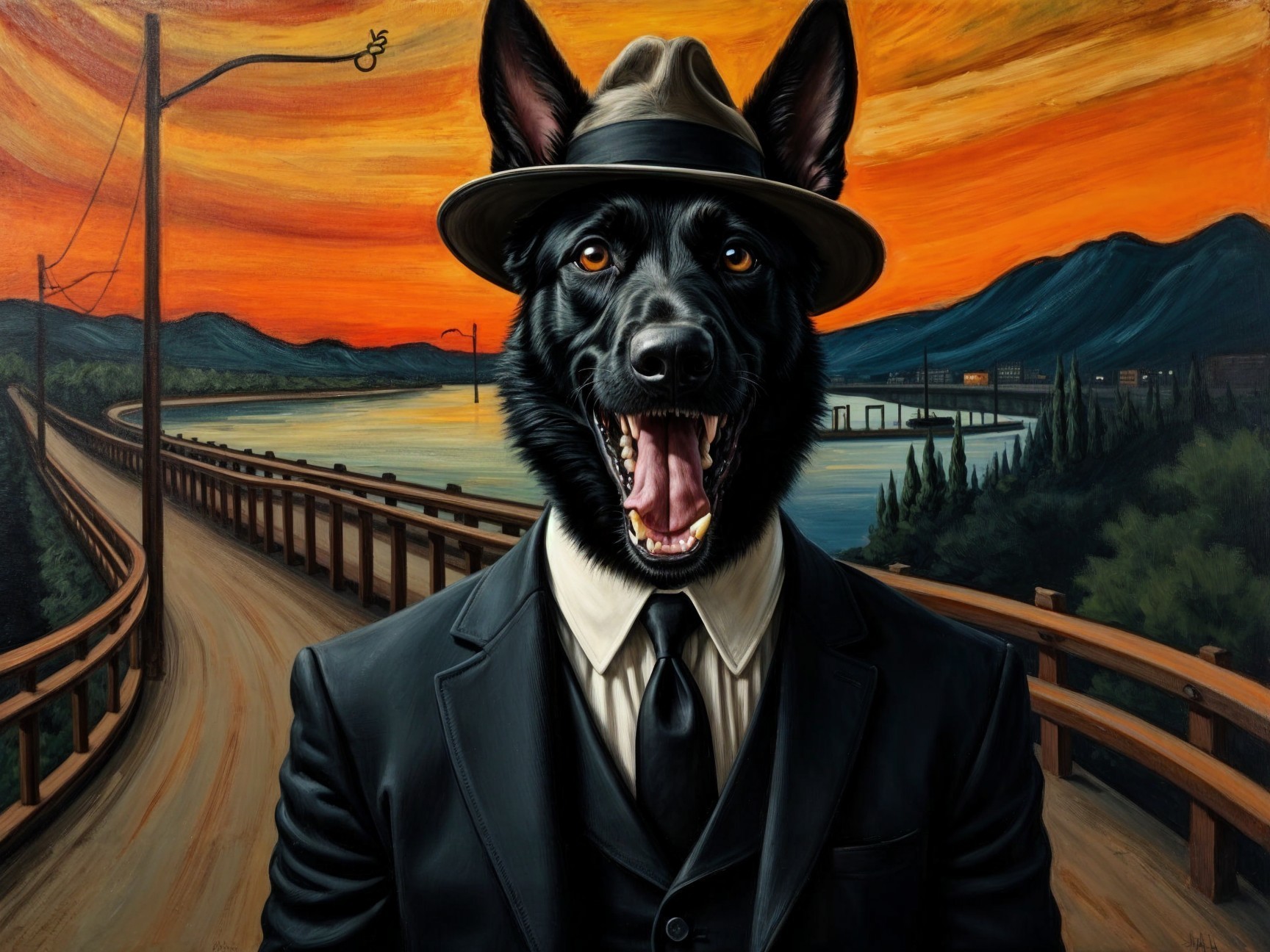 Elegant Black Dog in Fedora Against Vibrant Sunset