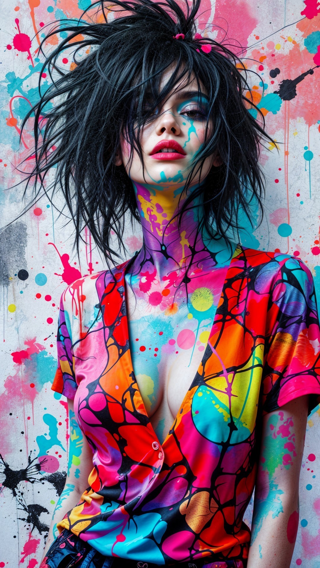 Colorful Model Against Vibrant Splatter-Painted Background