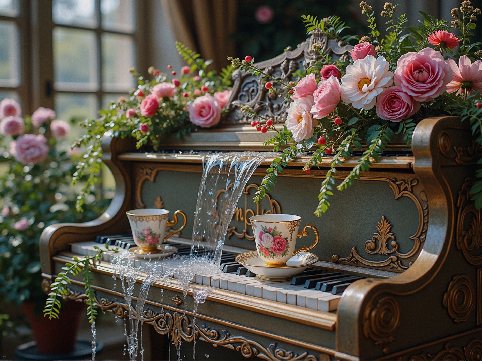 Vintage Piano Surrounded by Flowers and Teacups