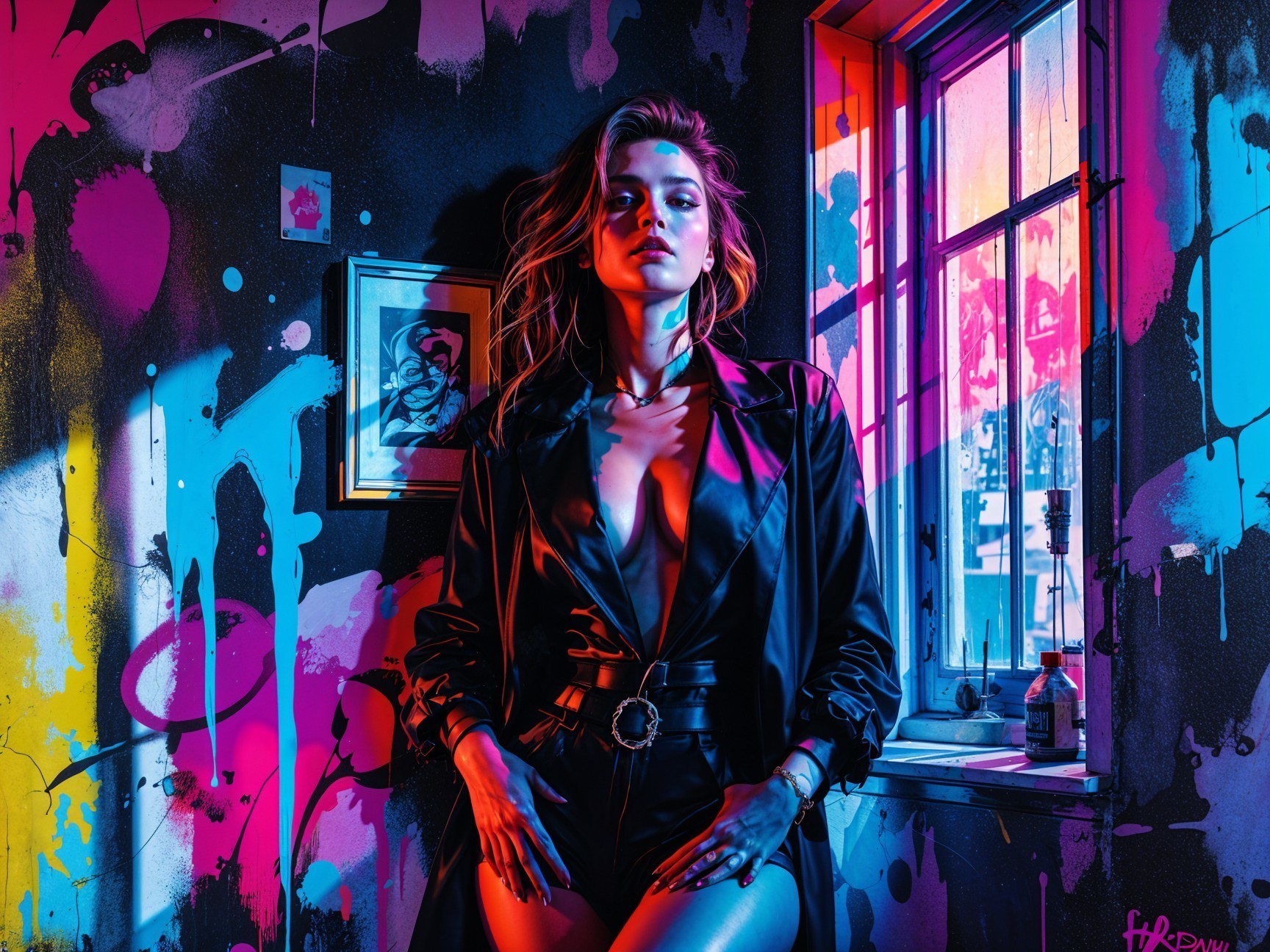 Confident Figure in Stylish Black Outfit Against Graffiti