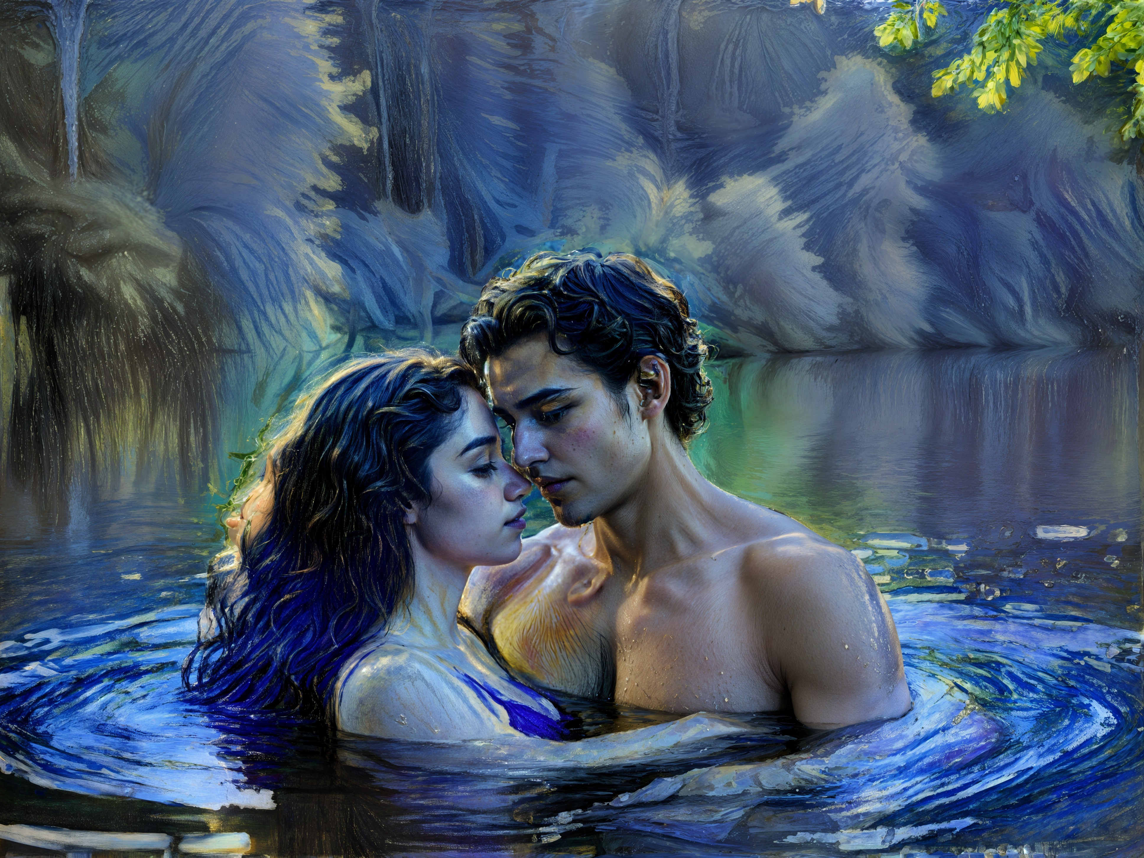 Young couple embraces in serene water with sunlight glow