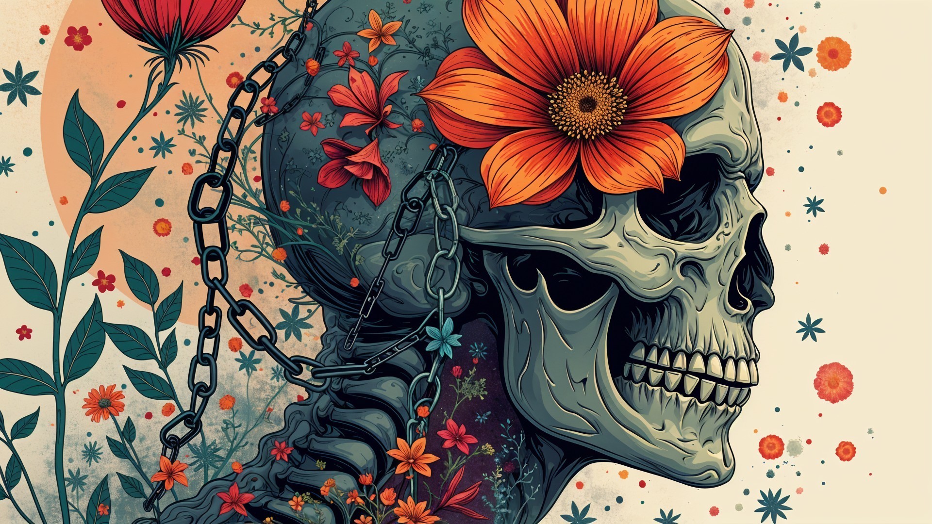 Stylized Skull with Colorful Flowers and Chains
