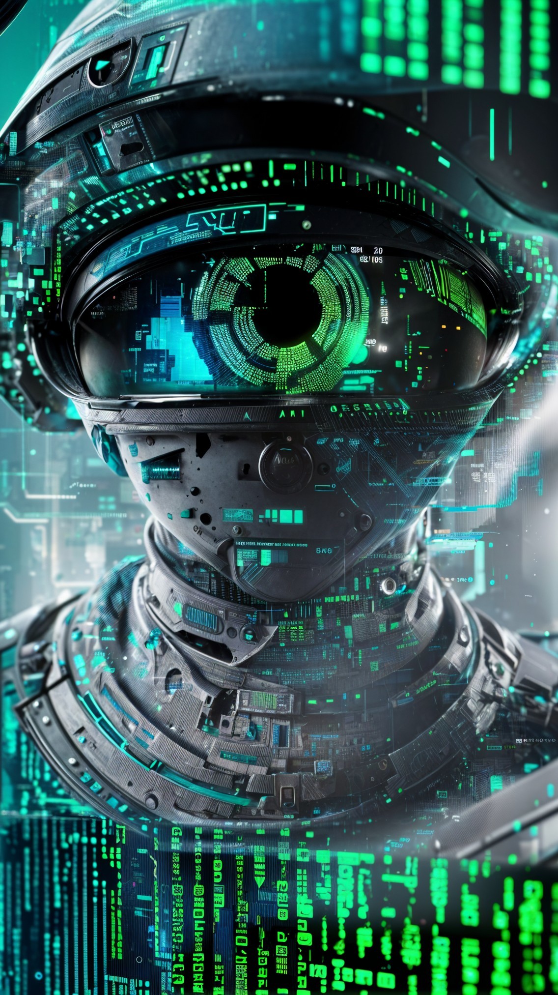 Futuristic humanoid robot with digital eye and binary backdrop