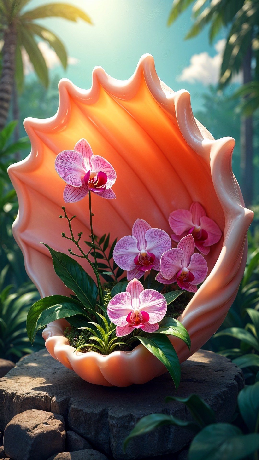 Coral Shell with Pink Orchids on Rocky Surface
