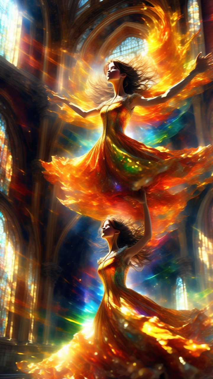 Mystical Figure in Fiery Gown Amidst Vibrant Colors