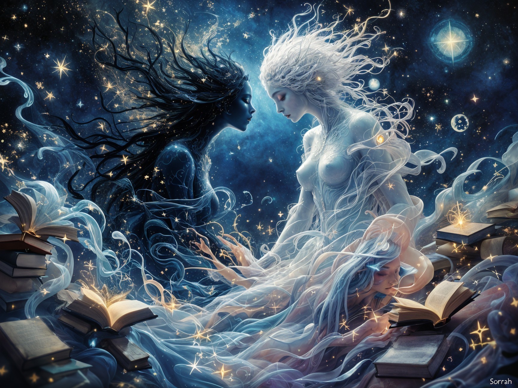 Ethereal Figures Representing Light and Darkness in Space