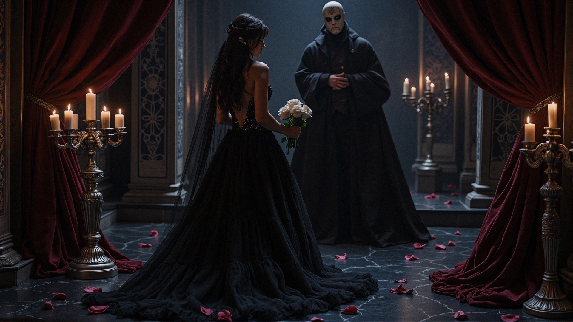 Mysterious Encounter in Opulent Dimly Lit Room