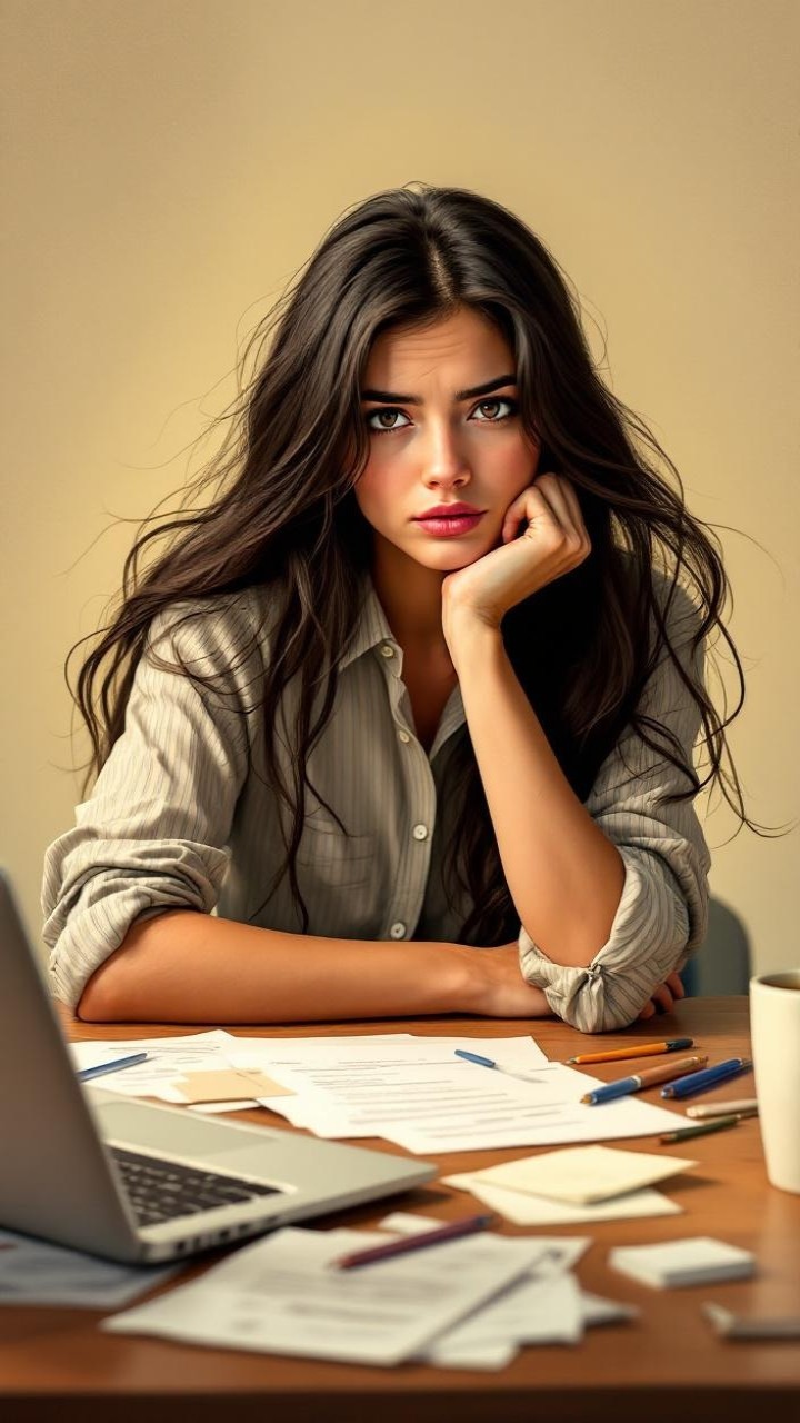Young woman in thoughtful pose at a desk setting