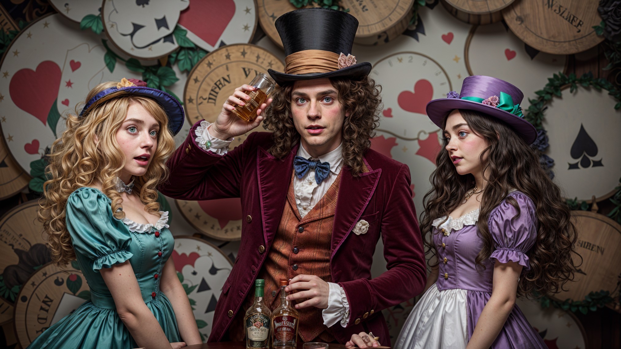 Whimsical Characters in Vintage Attire with Barrels