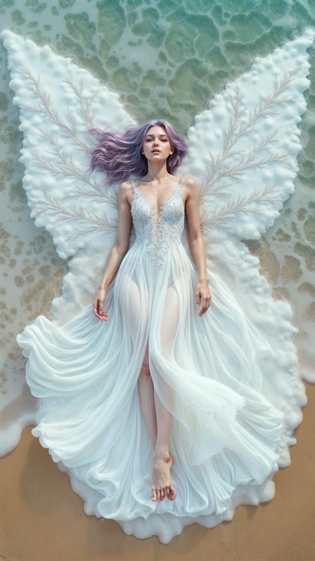 Serene Figure on Beach in Ethereal White Gown