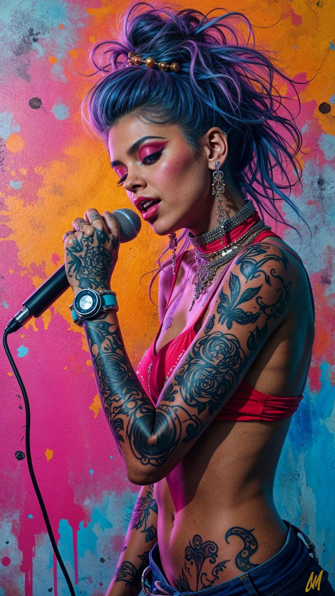 Stylish Woman with Colorful Hair and Tattoos