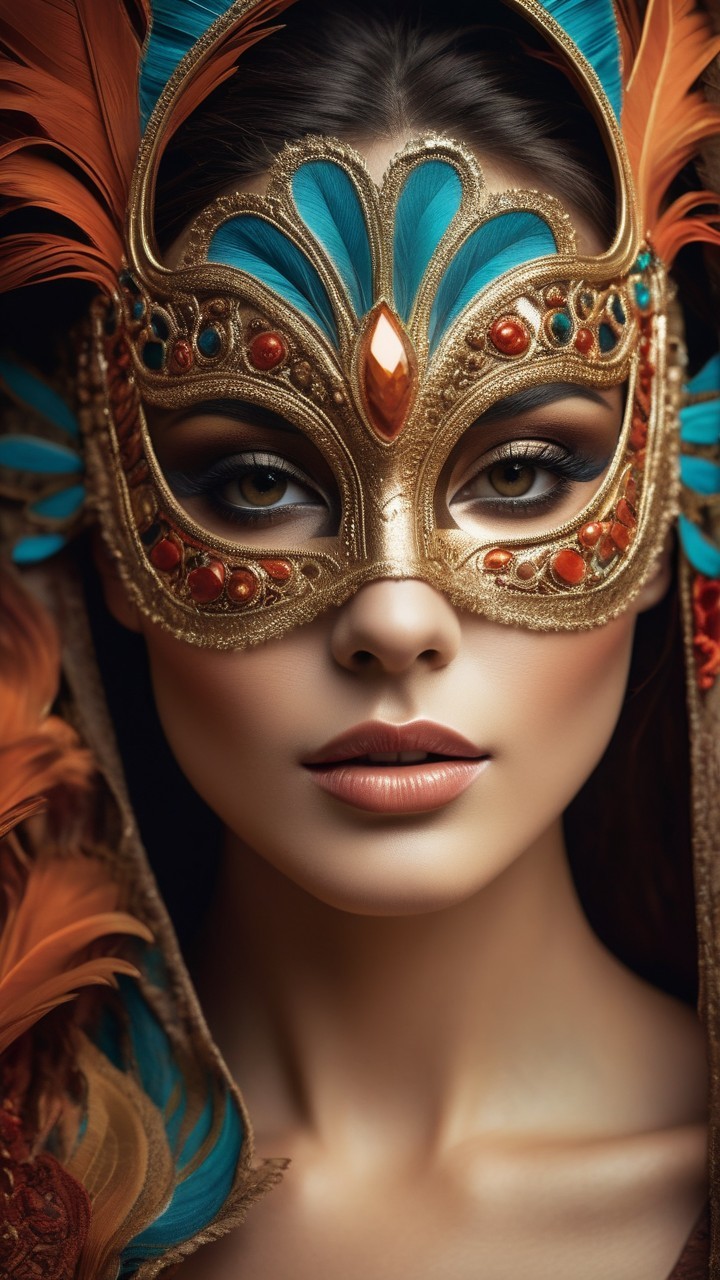 Portrait of a woman in an ornate feathered mask