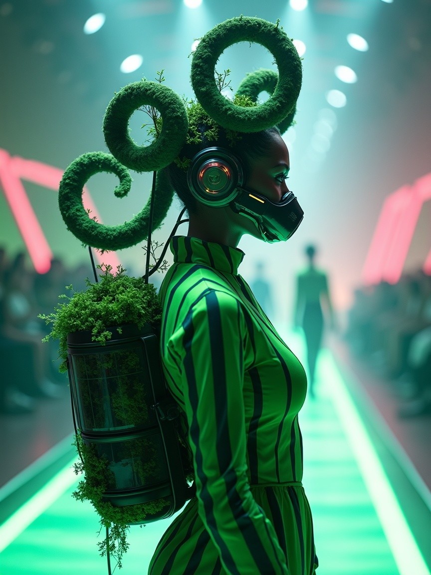 Futuristic Runway with Avant-Garde Green and Black Outfit