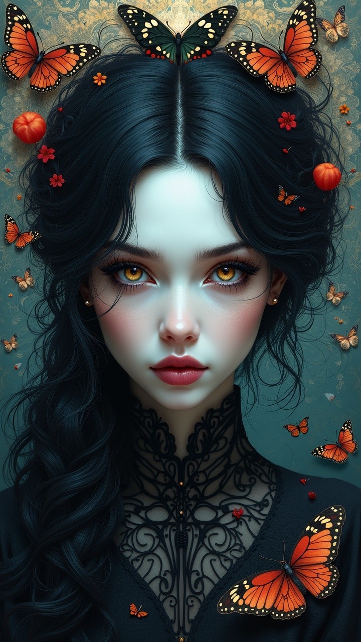 Portrait of a Young Woman with Amber Eyes and Butterflies