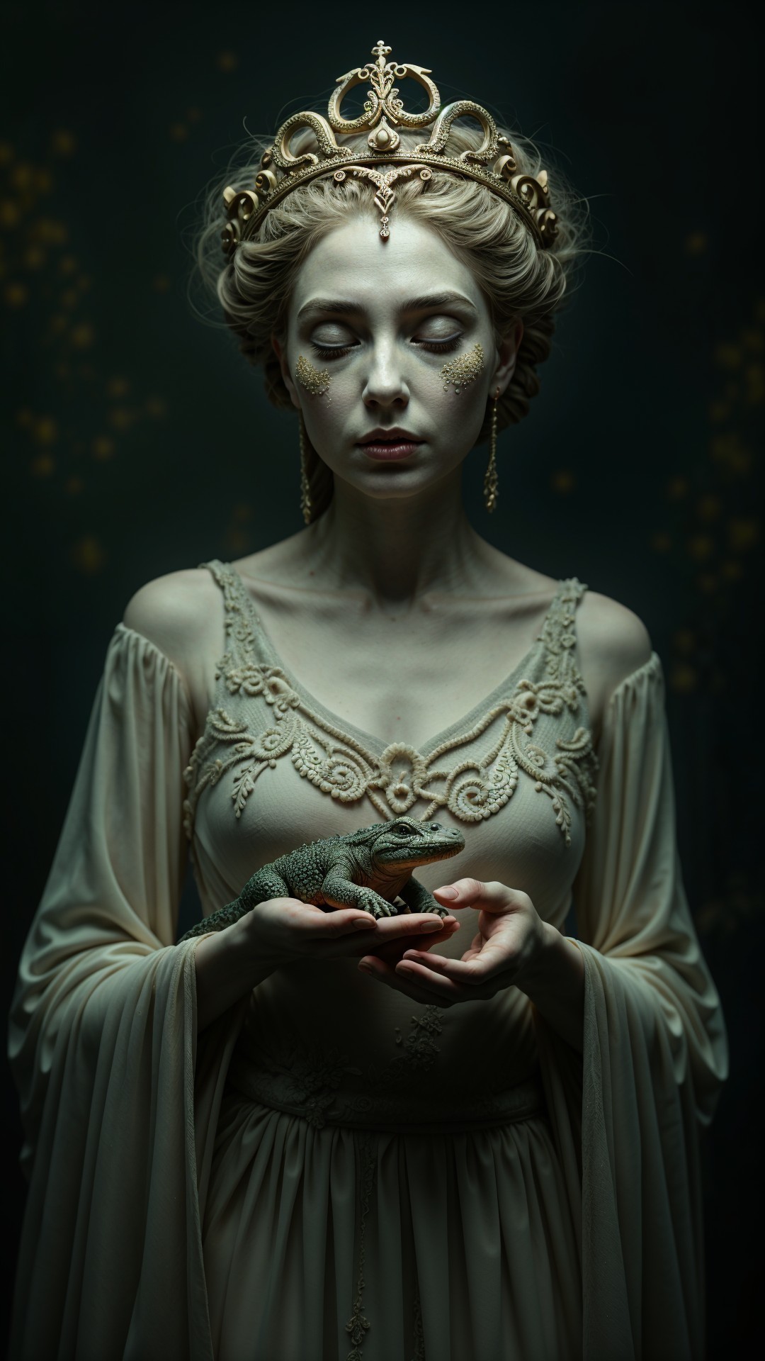 Regal Woman in Elegant Gown with Lizard in Hands