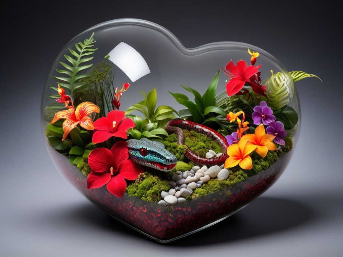 Heart-Shaped Terrarium with Vibrant Plants and Snake
