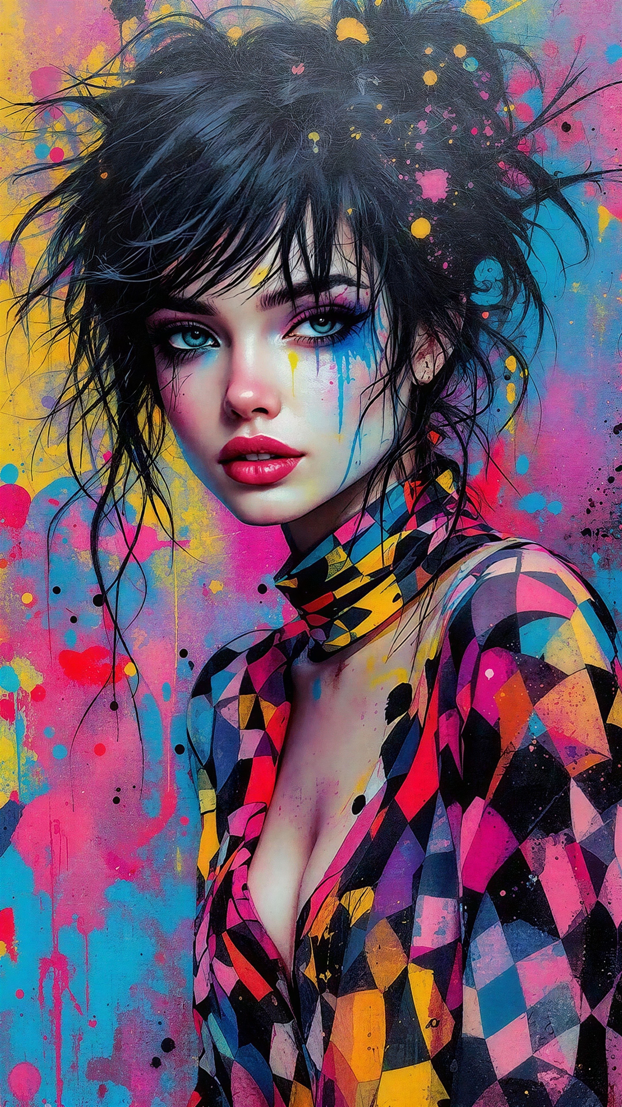 Neon Pop Art Portrait of a Young Woman in Colorful Style