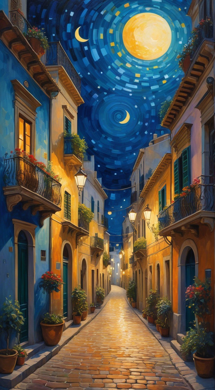Charming Cobblestone Street Under Starry Night Sky