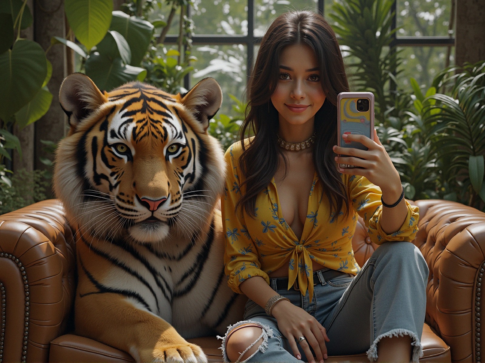 Young woman takes selfie on couch with tiger nearby