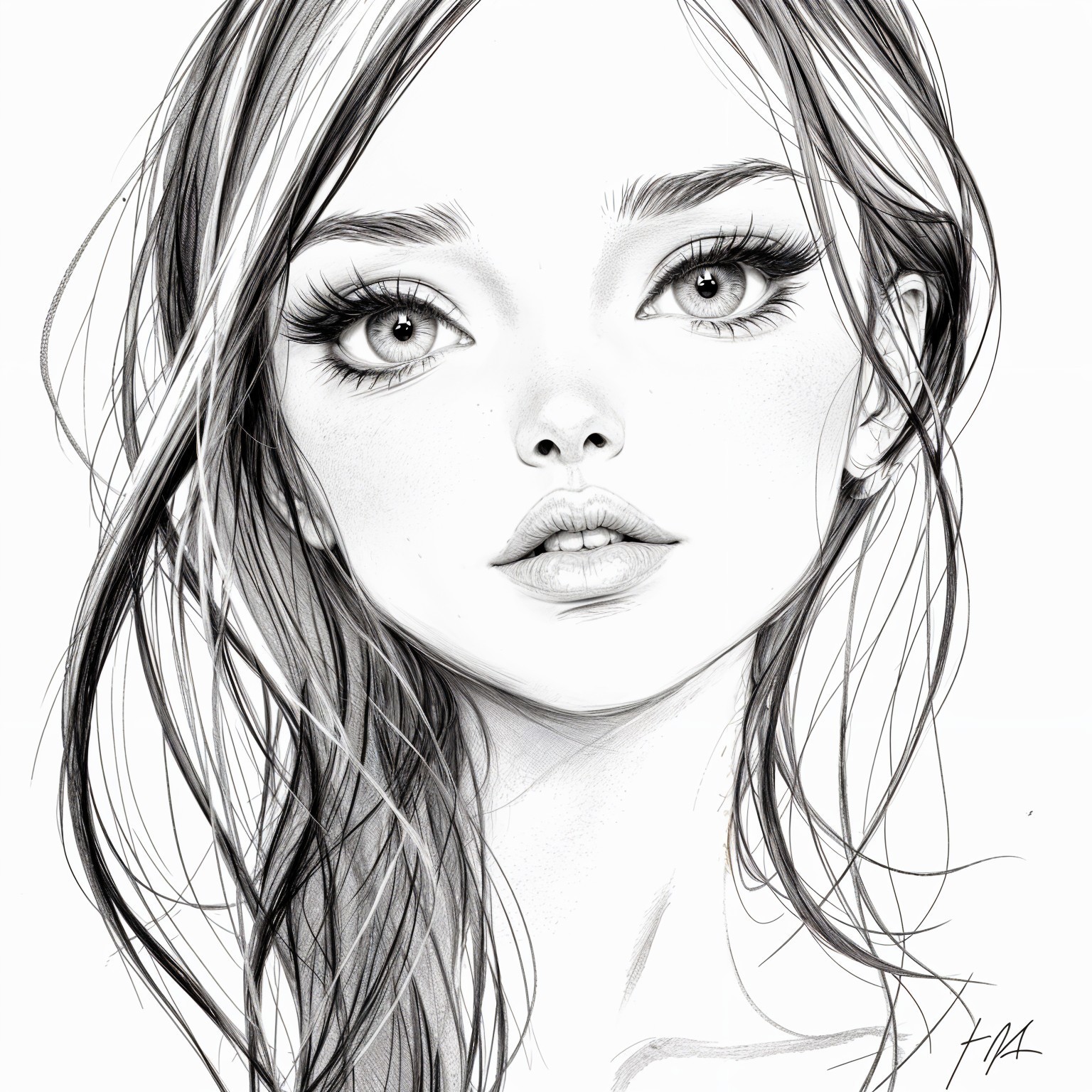 Black-and-White Portrait of a Young Woman with Hair