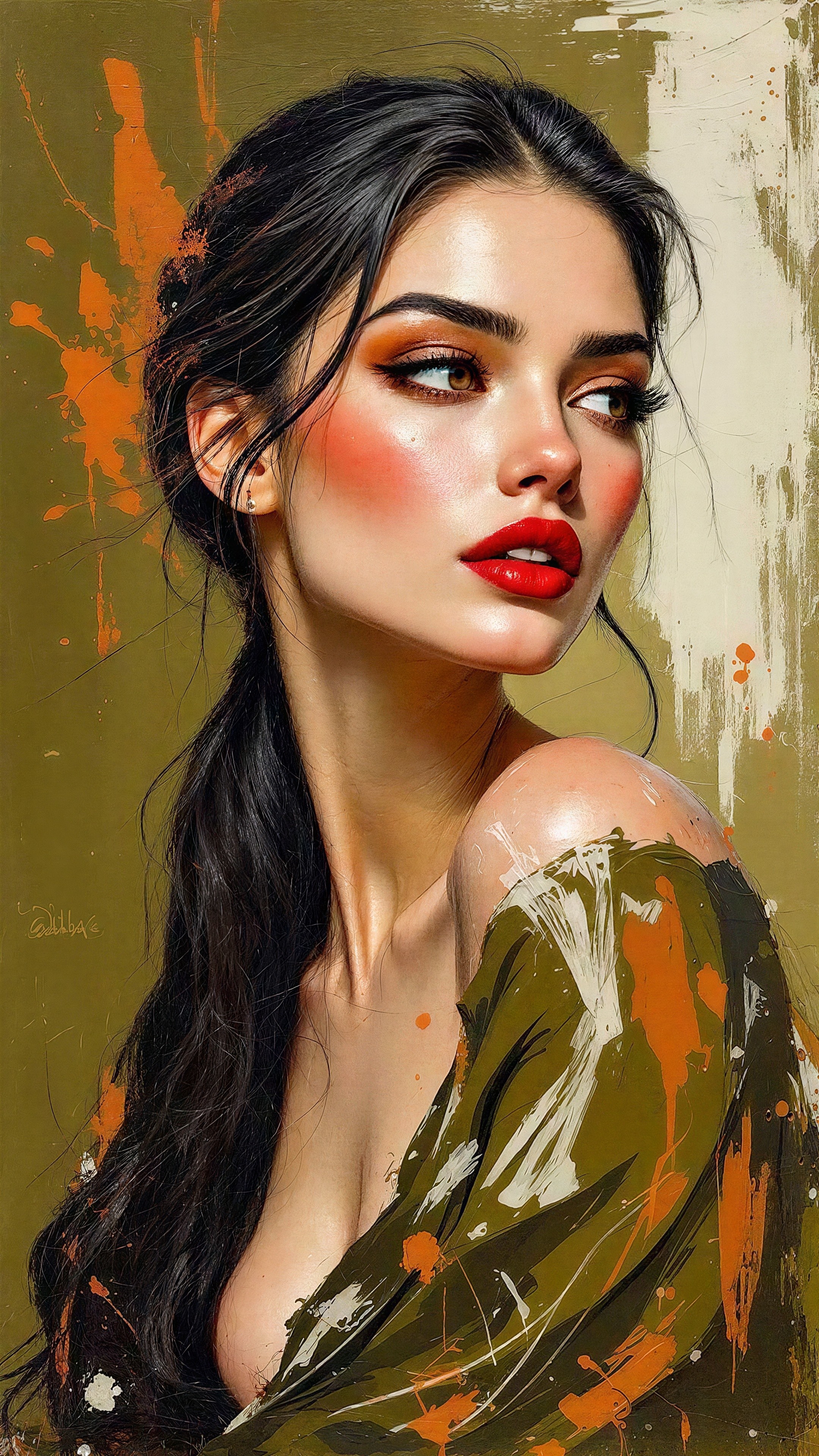 Stylized Painting of a Dark-Haired Woman in Green Garment