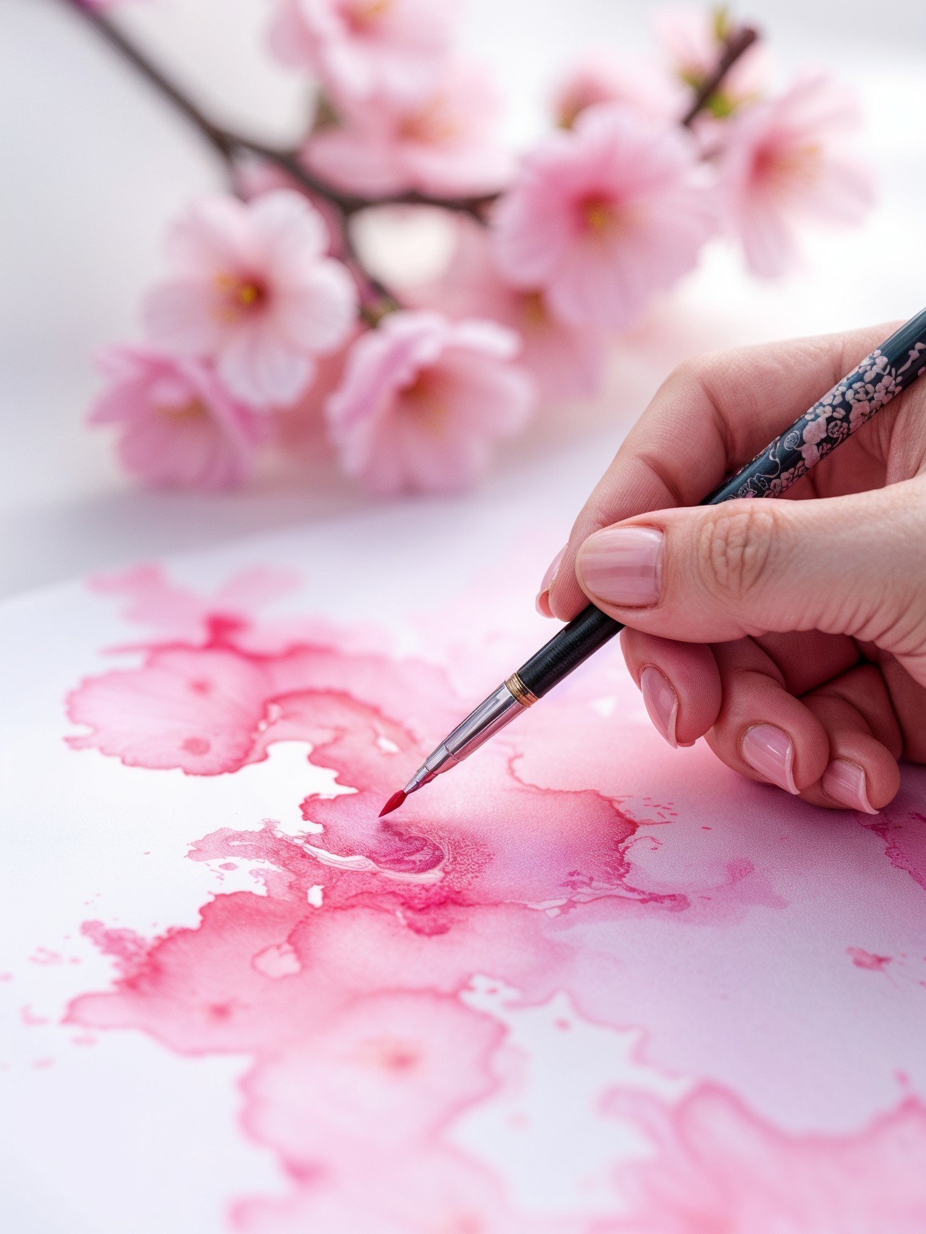 Abstract Watercolor Art with Cherry Blossoms Background