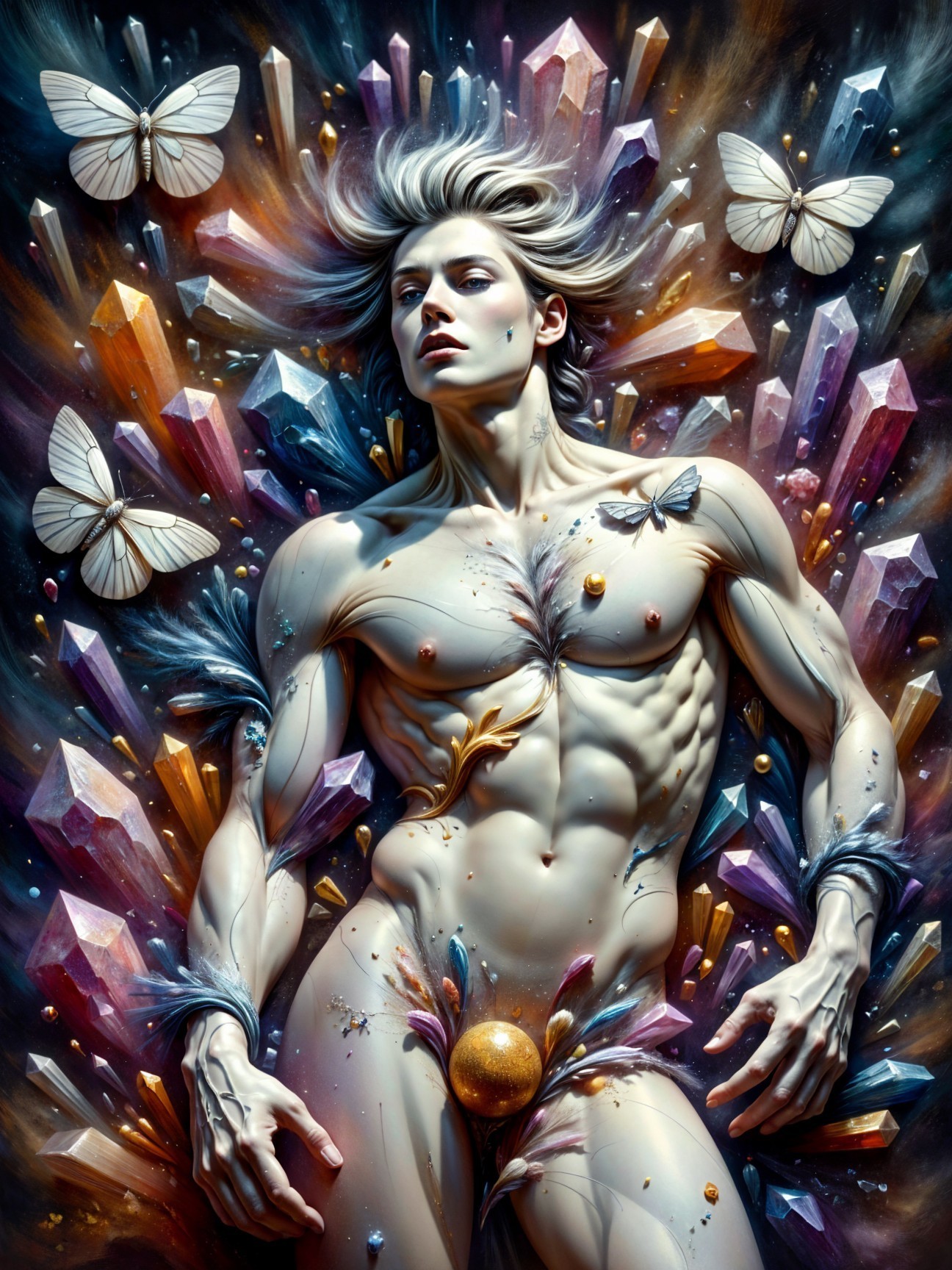 Stylized figure surrounded by crystals and butterflies