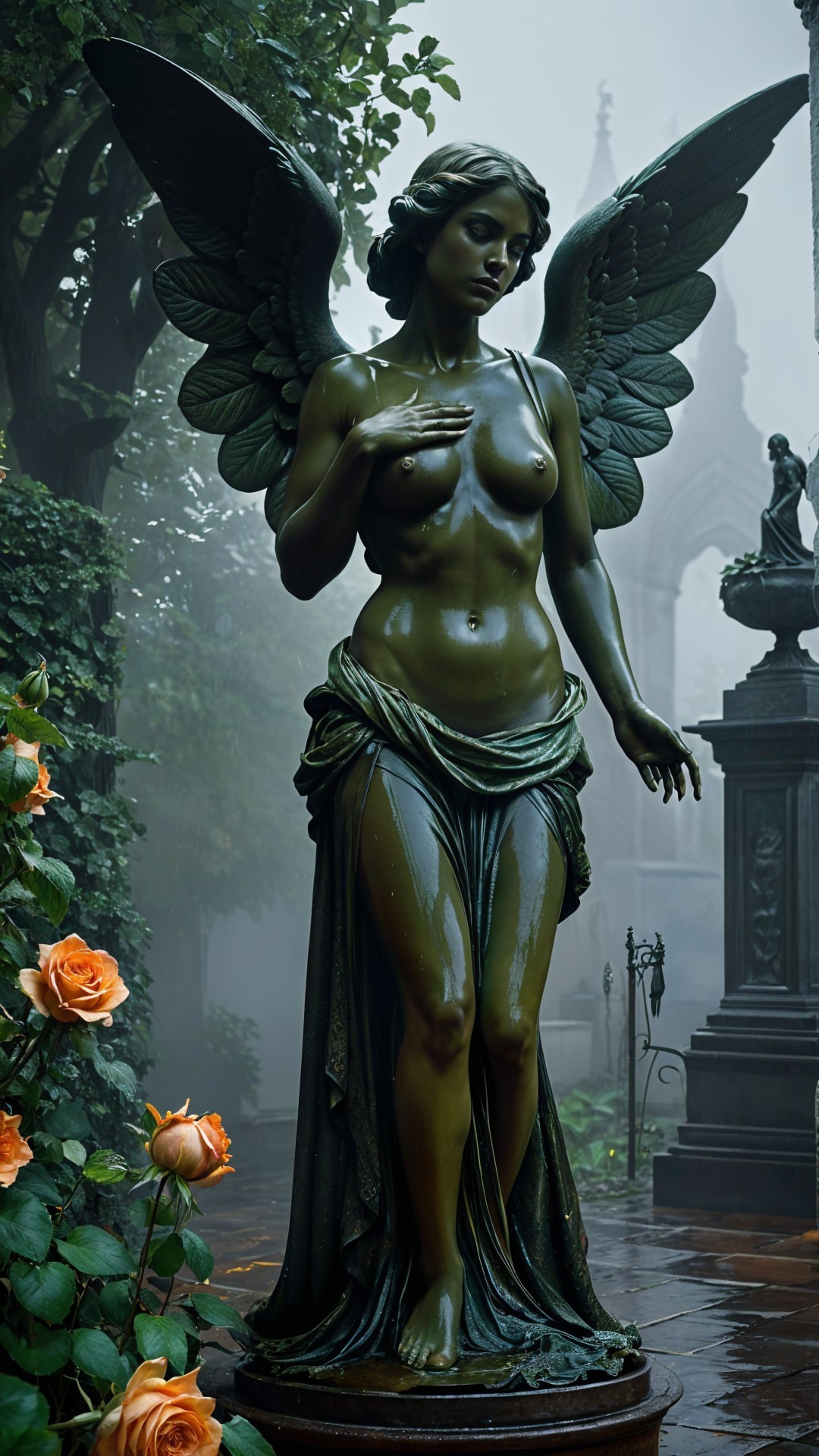 Bronze Angel Statue in a Misty Garden Setting