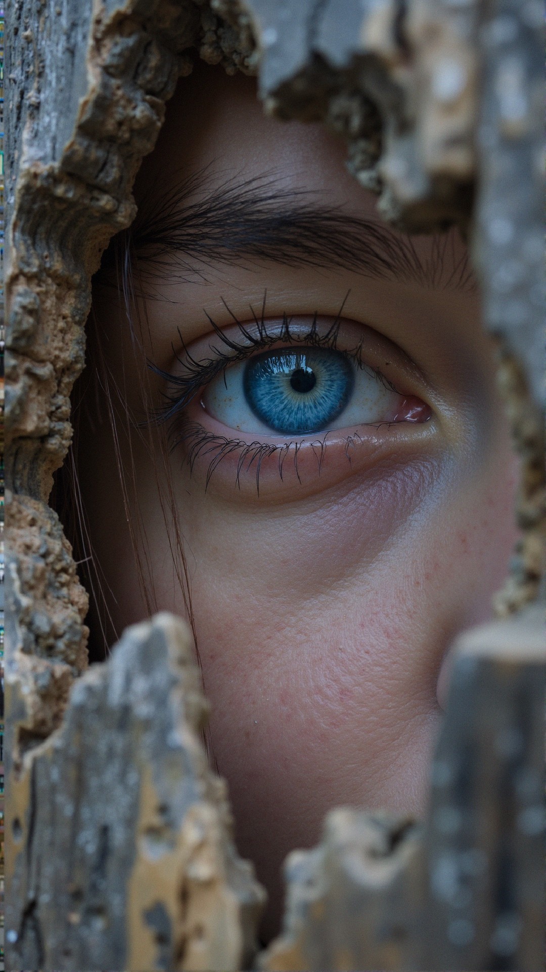 Close-Up of a Blue Eye Through Textured Wood