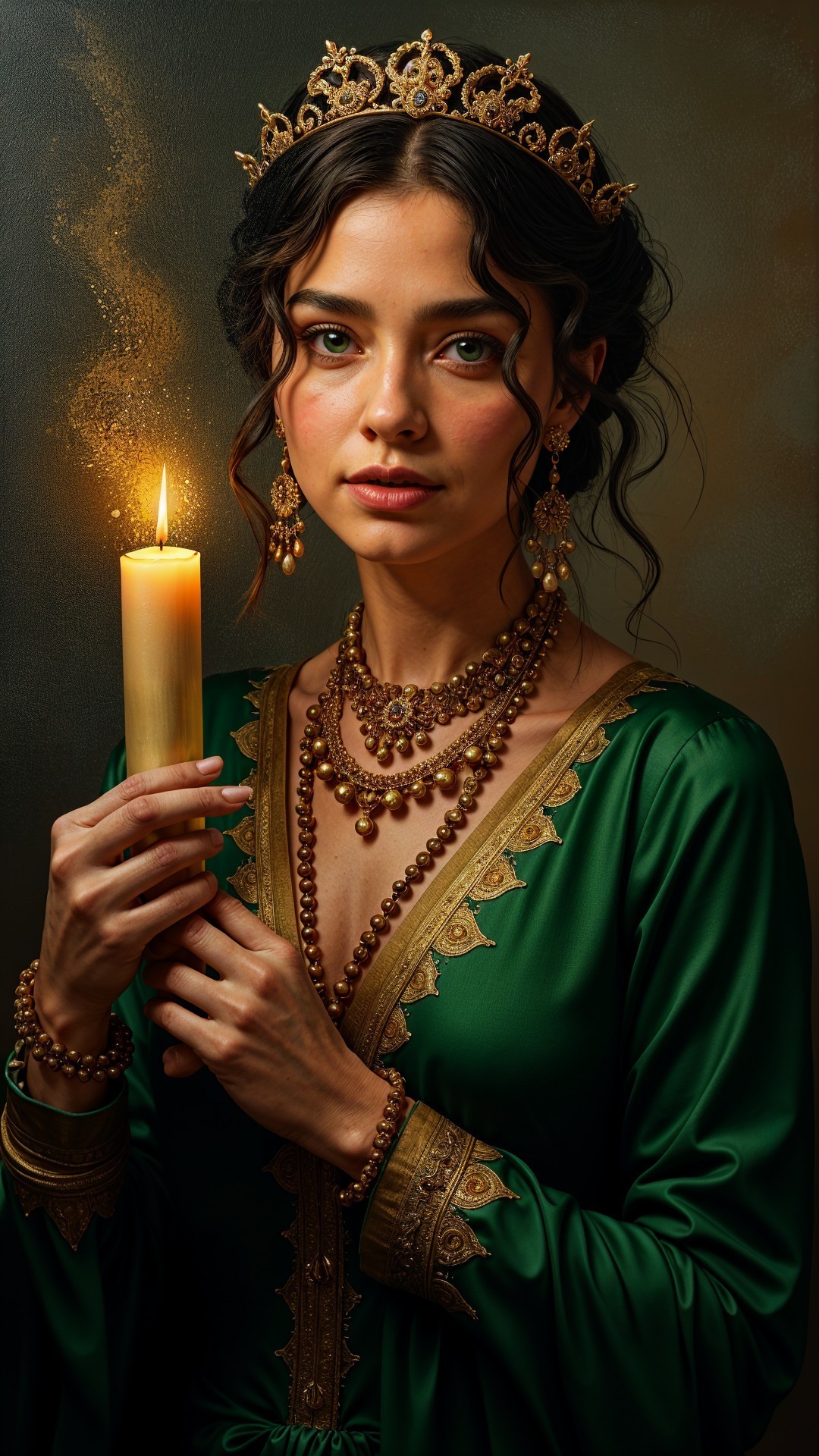 Young Woman in Elegant Green Gown with Candlelight
