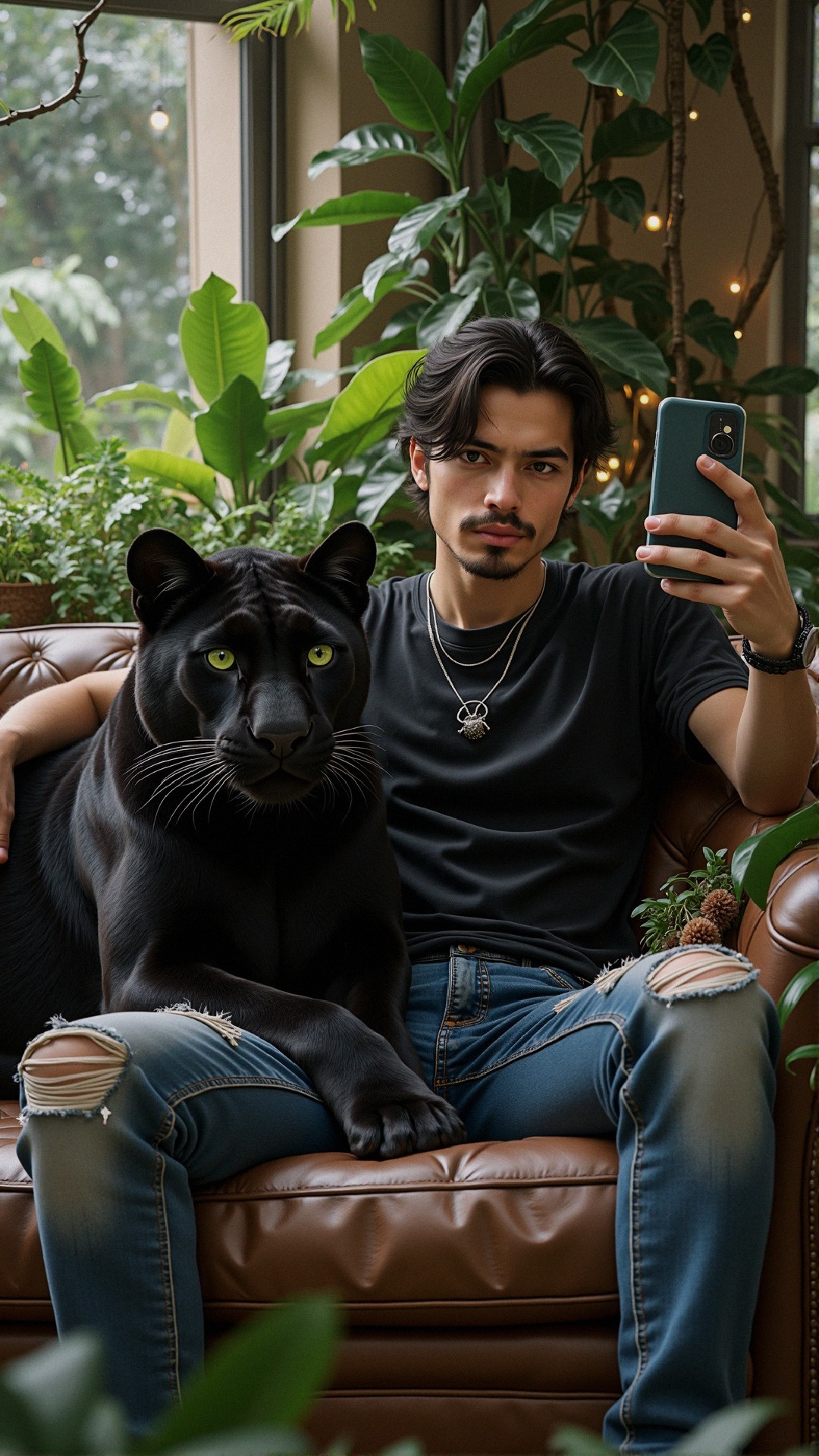 Young man with panther on couch among plants