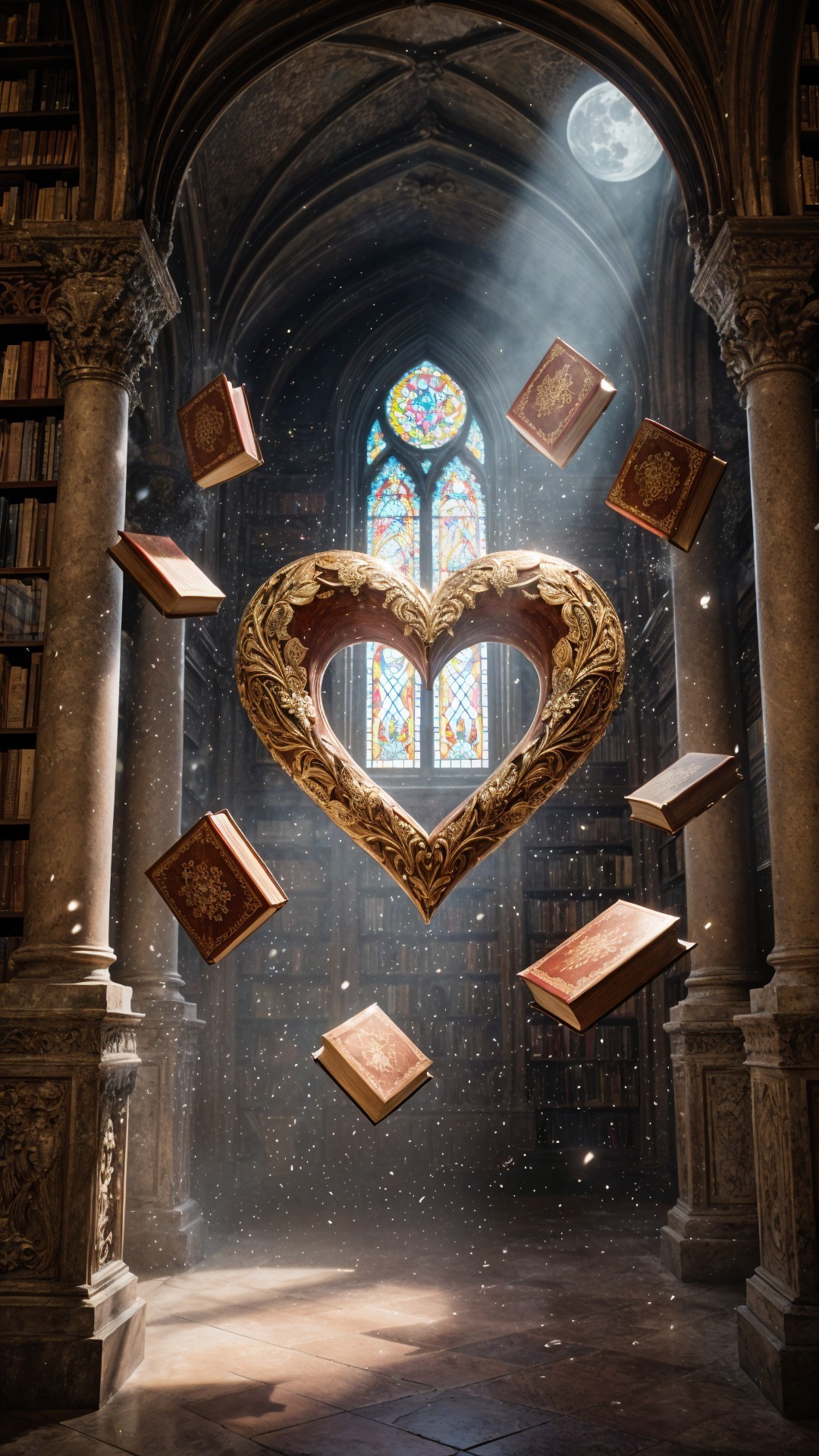 Illuminated Library with Heart-Shaped Frame and Books