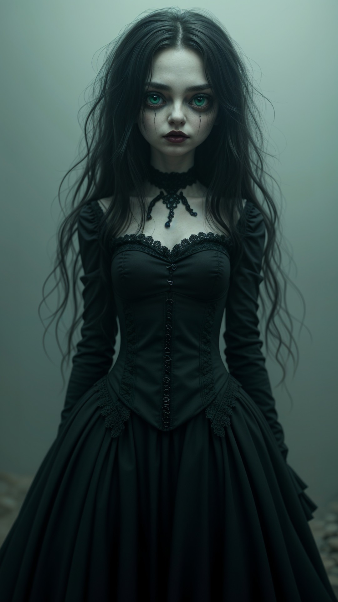 Haunting Figure in Dark Elegant Dress with Lace