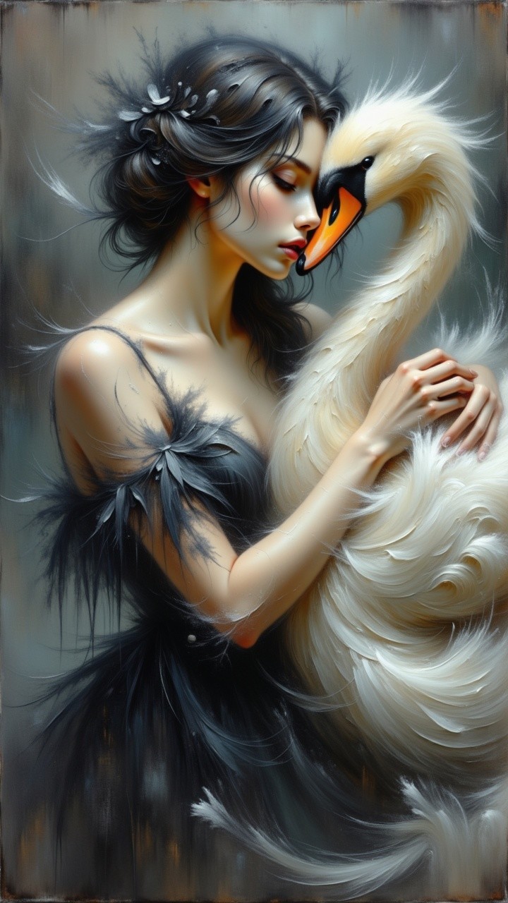Serene Woman in Dark Gown Embracing a Swan