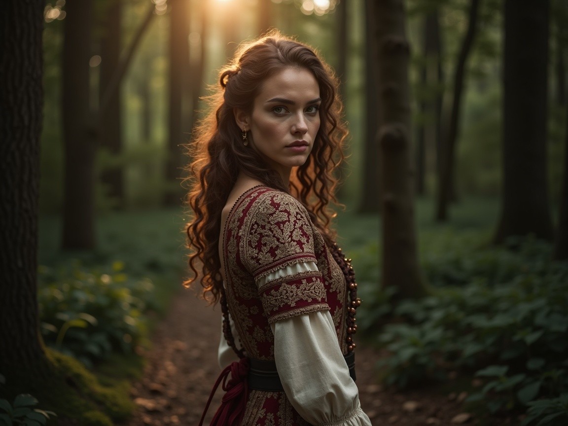 Young Woman in Vintage Dress in Serene Forest Setting