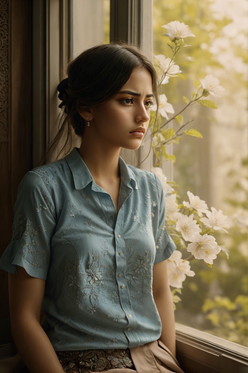 Young woman in blue blouse gazes out window thoughtfully