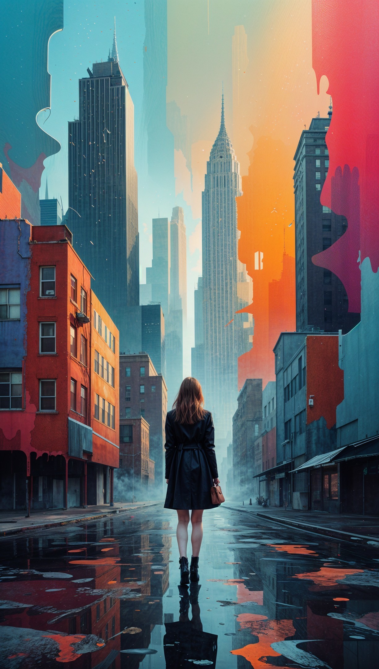 Woman in black coat on rainy city street with reflections