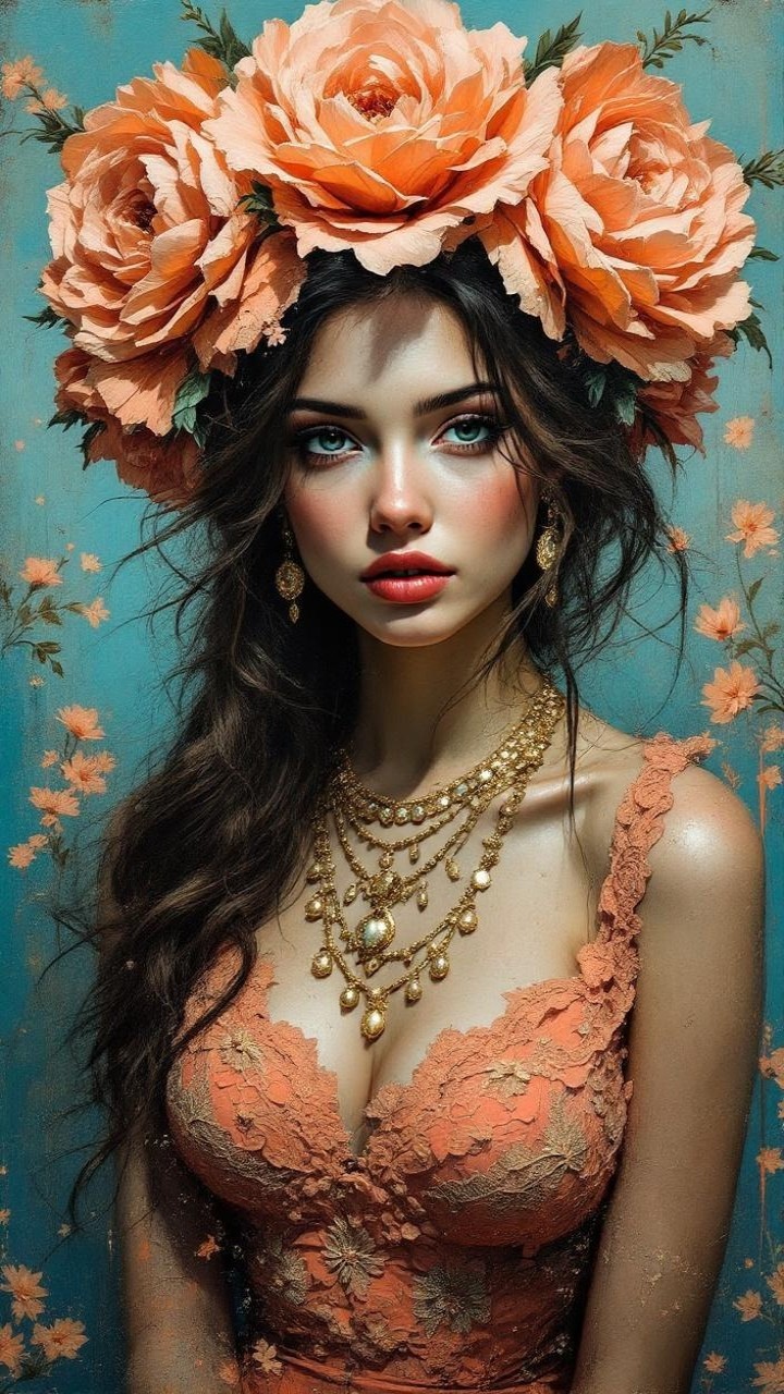 Woman in Lace Dress with Floral Accents and Jewelry