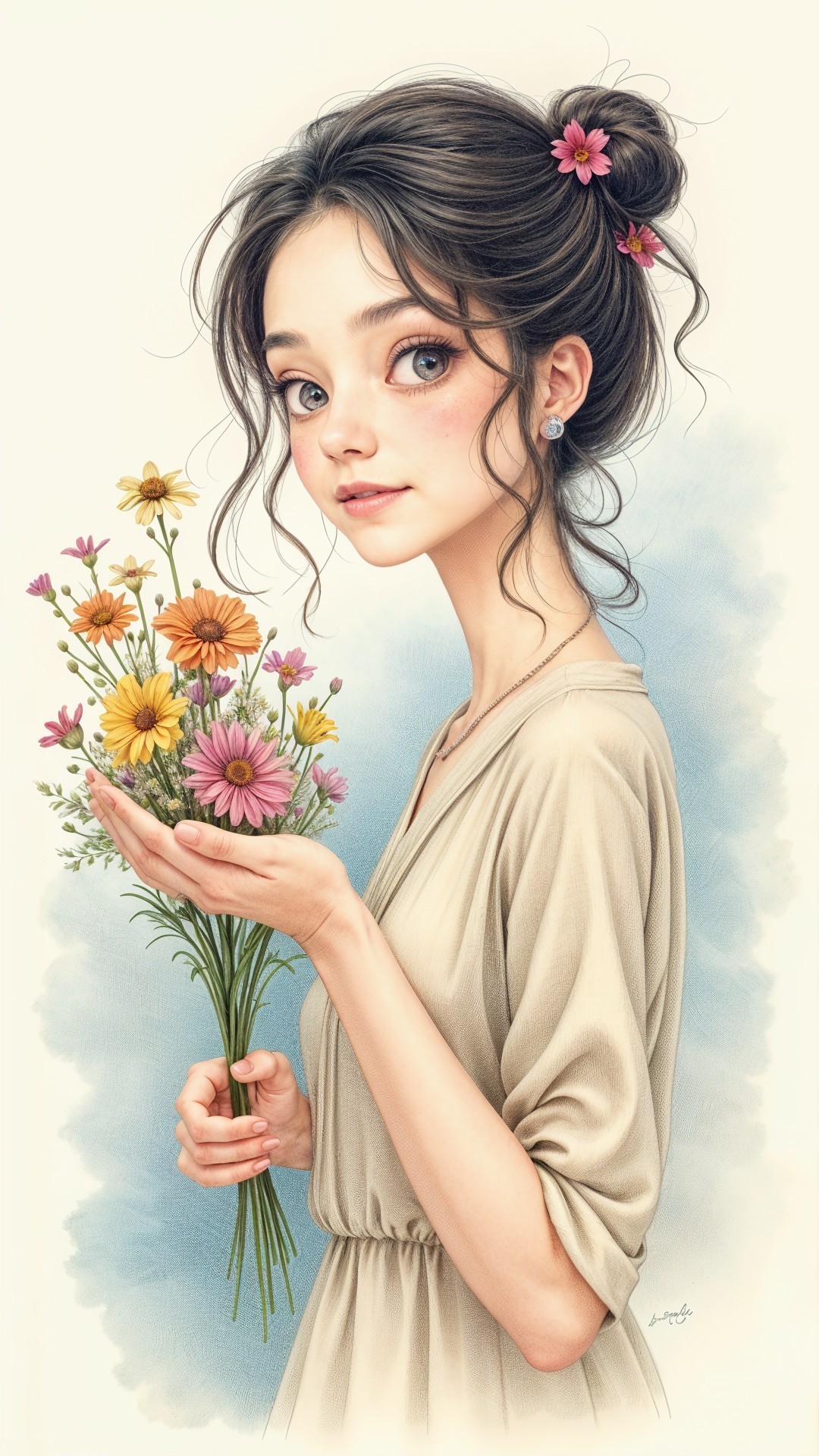 Young woman with flowers in light beige dress