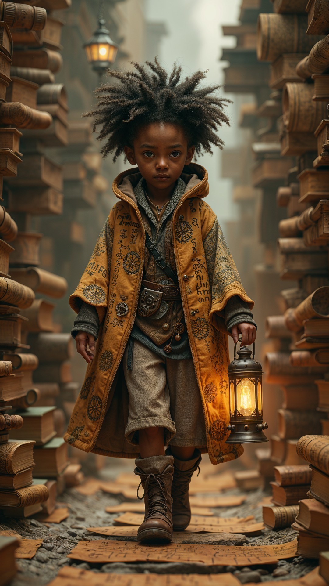 Child in a mystical library with glowing lantern