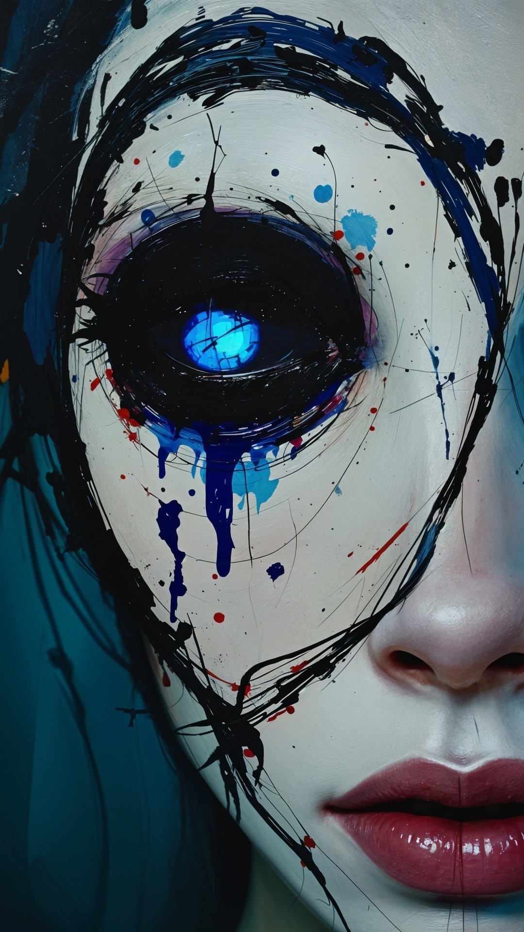 Stylized Abstract Face with Glowing Blue Eye
