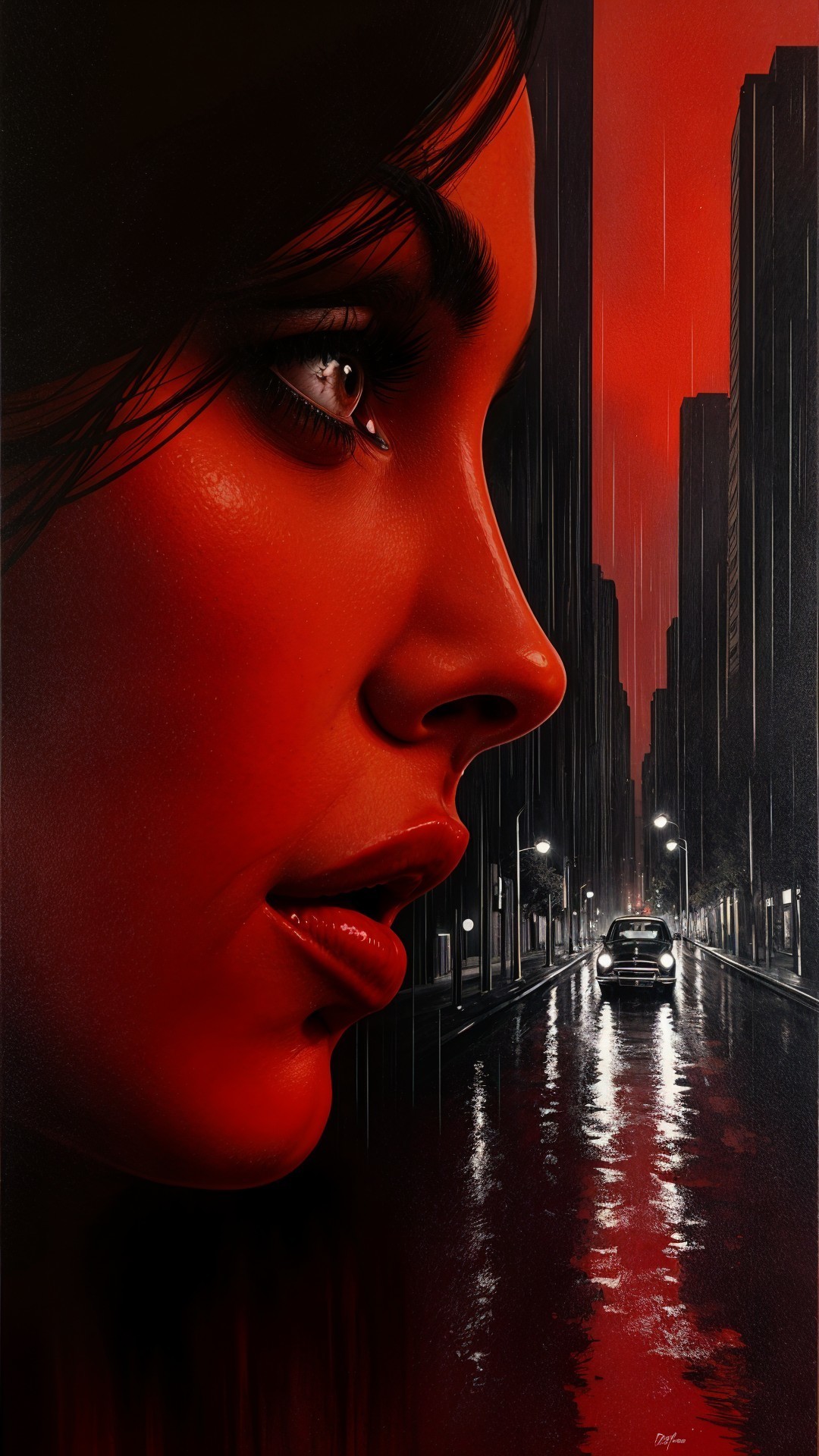 Portrait of a woman with red backdrop and cityscape