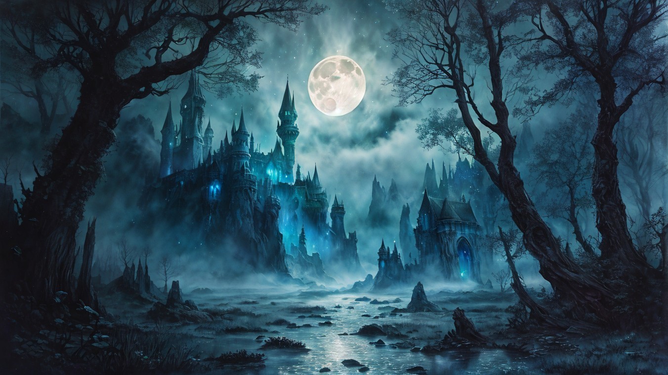 Haunting Moonlit Landscape with Mysterious Castle