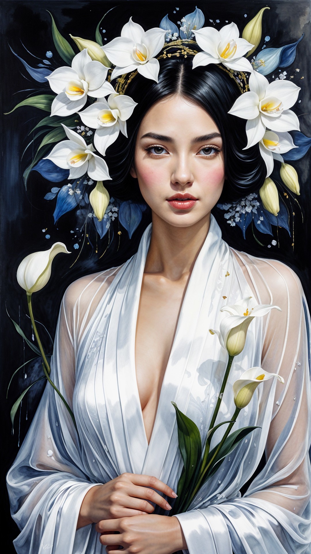 Serene Woman in White Robe with Floral Crown