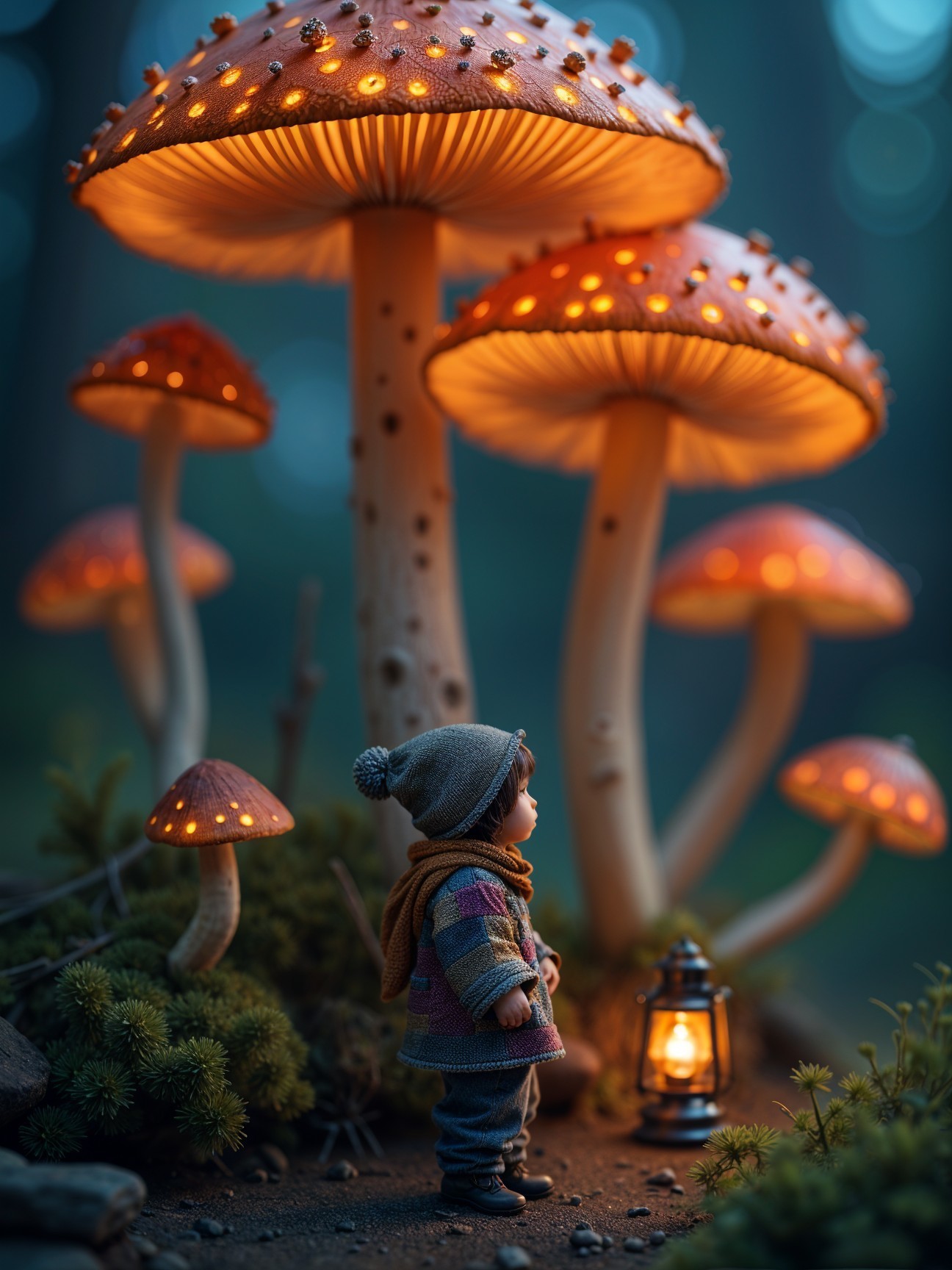 Whimsical Doll and Glowing Mushrooms in Forest