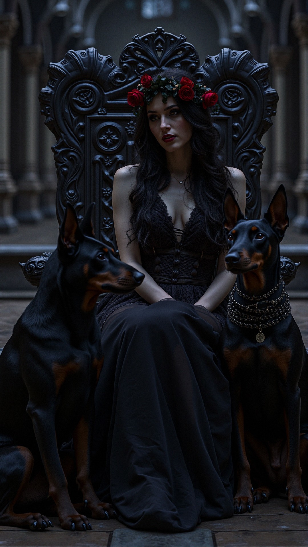 Woman in Dark Dress on Ornate Throne with Dobermans