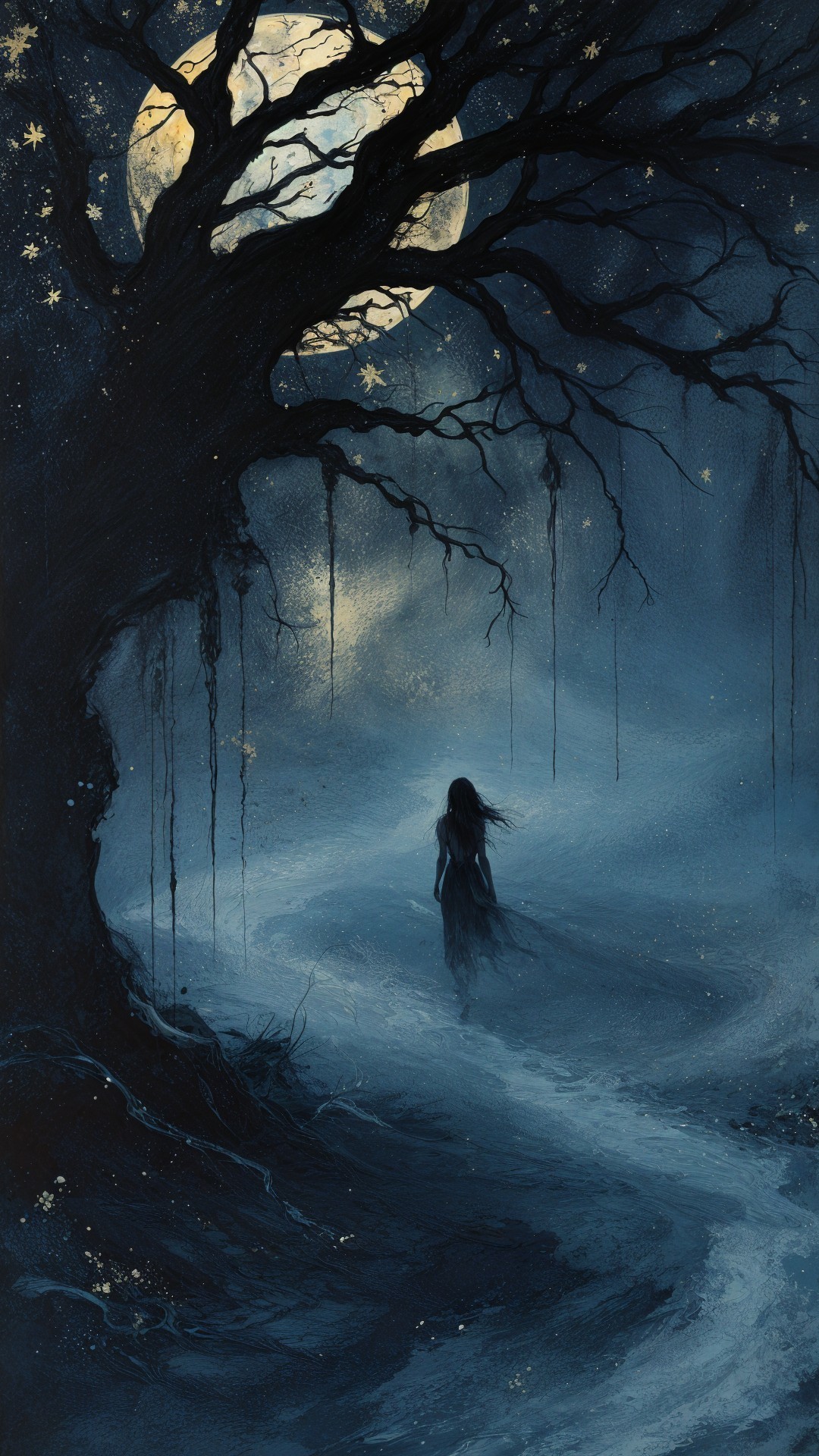 Ghostly Figure in Twilight Forest with Full Moon