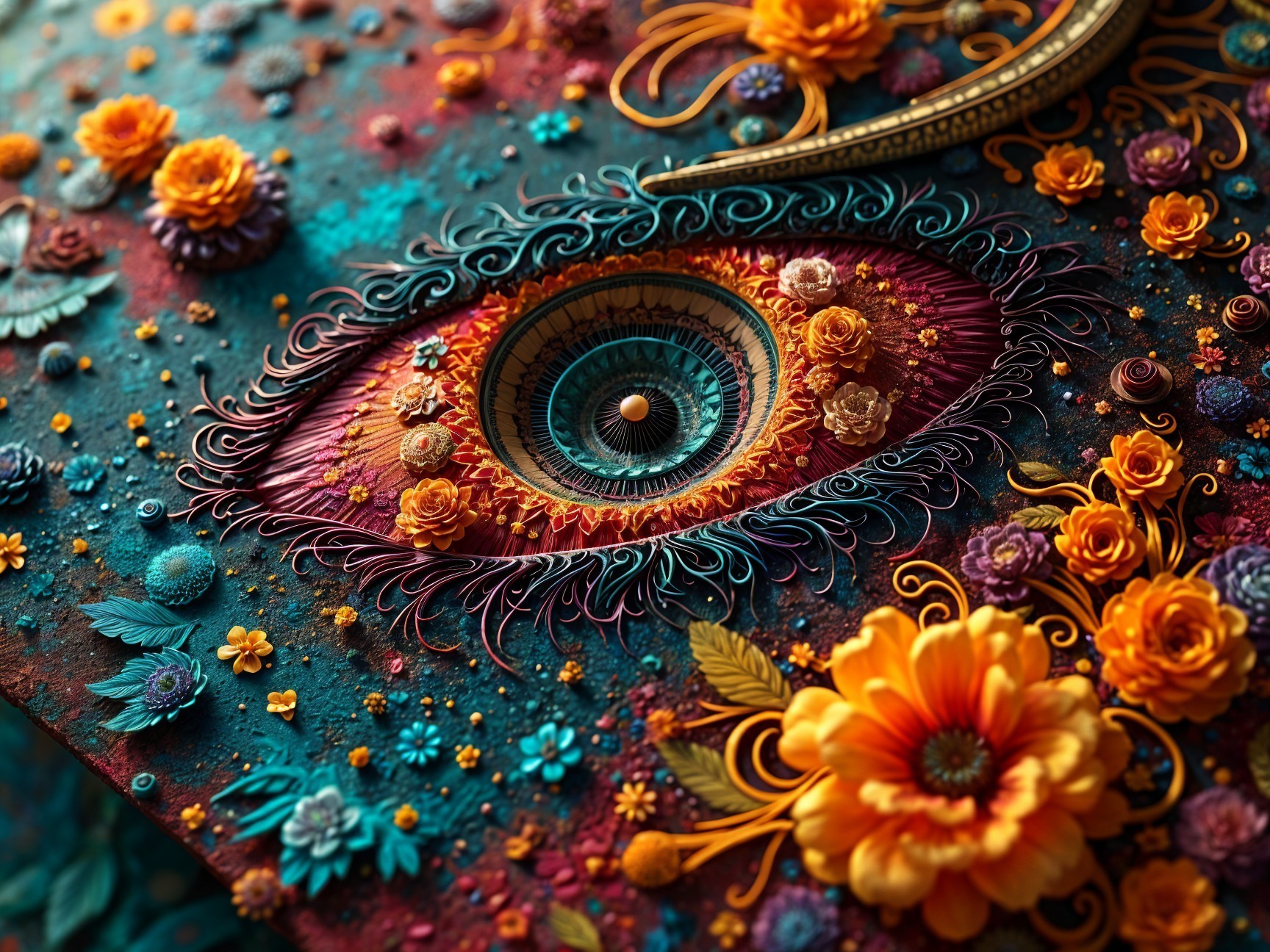 Intricate Eye Surrounded by Colorful Flowers and Patterns