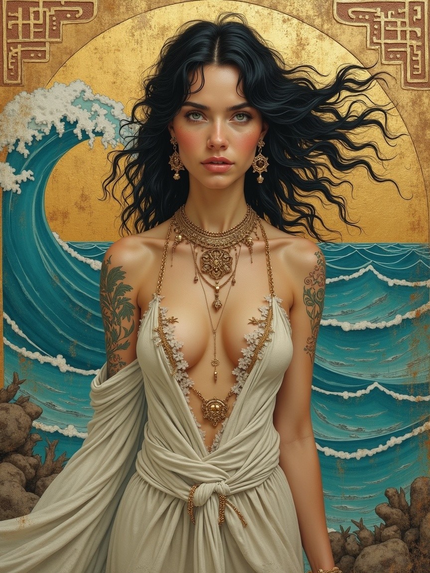 Woman with Black Hair in Serene Golden Waves Setting